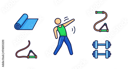 Colorful Fitness and Exercise Icons: Mat Person Resistance Bands Dumbbells.