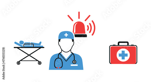 Medical Emergency Icons Set: Doctor Patient Siren First Aid Kit.
