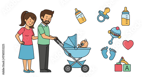 Cartoon Family with Baby in Stroller and Essential Baby Items.