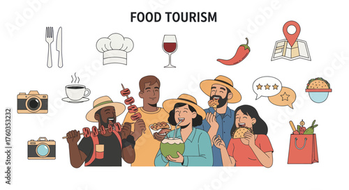 Diverse Group of Friends Enjoying Food Tourism Experience.