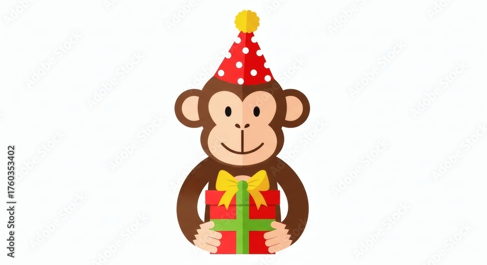 Naklejka premium Monkey Clipart Celebrating a Birthday Party with a Present and Party Hat Fun Animal Illustration