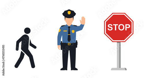 Police officer directing traffic with stop sign and pedestrian icon.