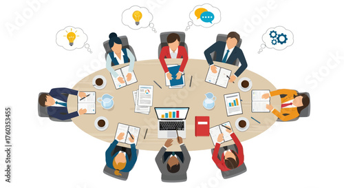 Diverse team collaborating around a modern oval conference table brainstorming ideas.
