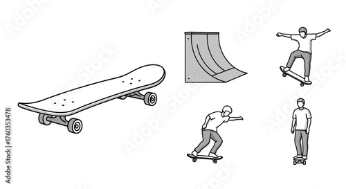 Detailed Black and White Skateboard and Skateboarders Illustrations.