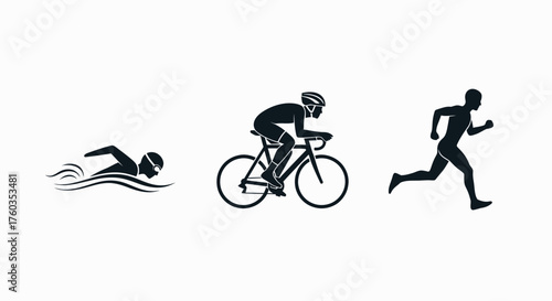 Silhouettes of a swimmer cyclist and runner representing triathlon disciplines.