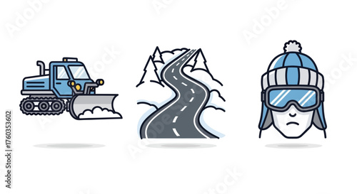 Winter Snow Icons Set: Snowplow Mountain Road and Ski Goggles Hat.