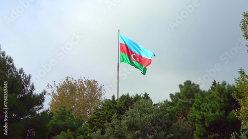  Azerbaijani flag flying on the flagpole