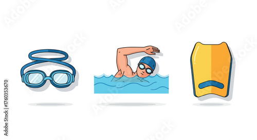 Swimmer with Goggles Swimming in Water and Kickboard Equipment.