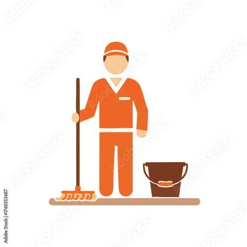 A vector illustration depicts a uniformed cleaner holding a mop and bucket, ready to perform cleaning duties on a white background.