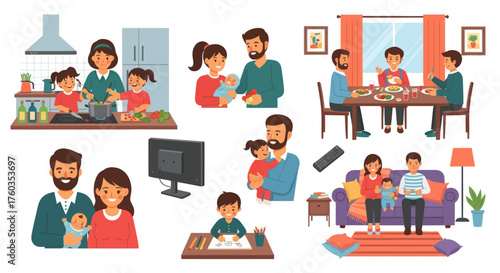 Family enjoying various activities together in their home happy moments.