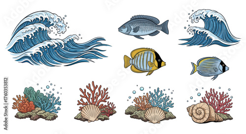 Vibrant Collection of Ocean Life and Waves.