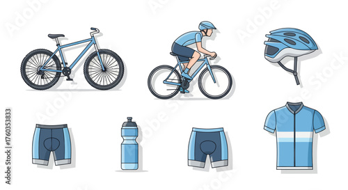 Cycling gear and equipment illustration with rider.