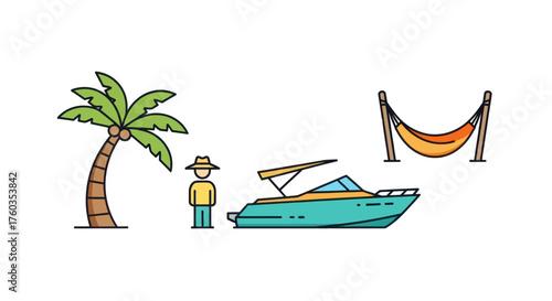Tropical vacation scene with palm tree person boat and hammock.
