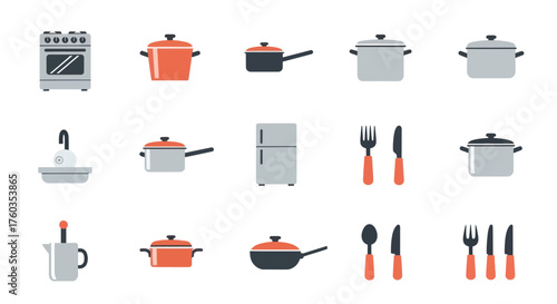 Assortment of Colorful Kitchen Utensils and Appliances in Vector Illustration.