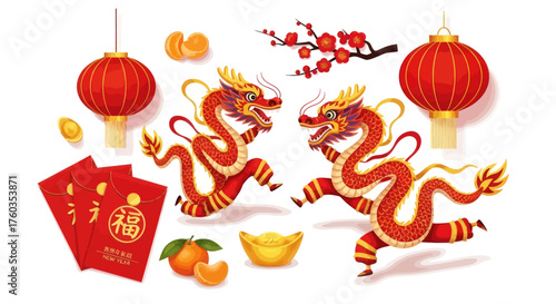 Vibrant Chinese New Year Celebration Symbols with Dragons Lanterns and Red Envelopes.