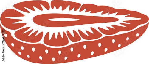 Stylized cross section of a vibrant red strawberry revealing its juicy interior and dotted seed pattern perfect for a refreshing summer fruit design or healthy food packaging label