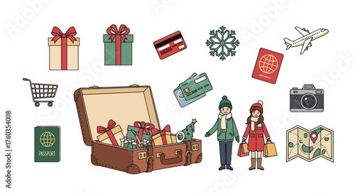 Cartoon Couple with Suitcase and Travel Related Items.