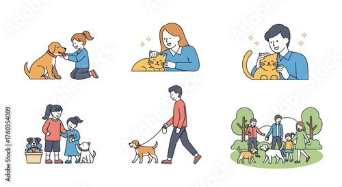 People Interacting with Pets: Dogs Cats and Owners in Various Scenes.