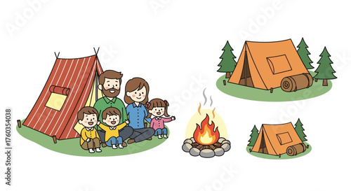 Cheerful family enjoying a camping trip with tents and campfire.
