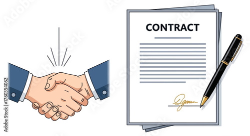 Handshake Agreement with Contract and Pen Illustration.