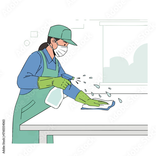 A sanitation worker wearing a mask and gloves disinfects a surface with a spray bottle and cloth, promoting cleanliness and safety.