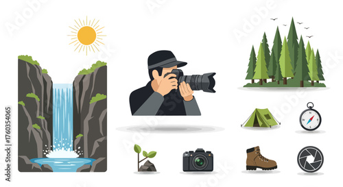 A collection of flat vector icons representing nature photography hiking and outdoor adventure.