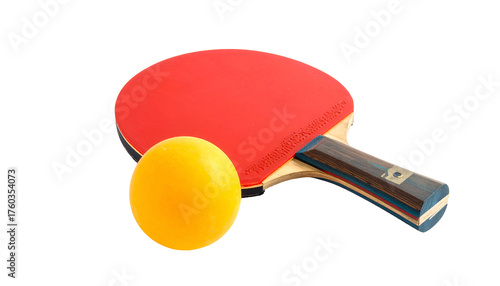 Table tennis paddle with red rubber and yellow ball, close-up
