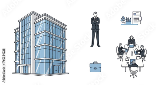 Modern Glass and Steel Office Building with Blue Tinted Windows.