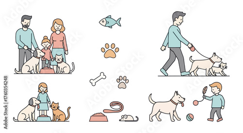 Family with Pets and Pet Care Items Illustration Set.