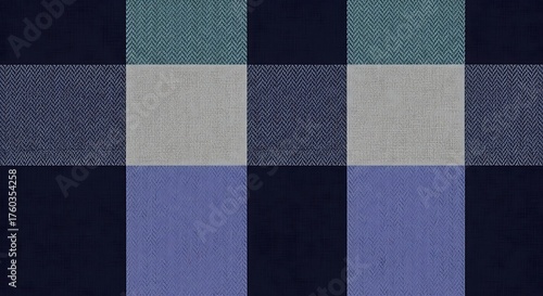 A classic buffalo plaid pattern featuring large squares in deep navy blue, muted teal, and soft lavender, offering a timeless and rustic textile texture