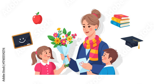 Cartoon students a young boy and girl giving a beautiful bouquet of flowers to their smiling female teacher as a gift of appreciation.