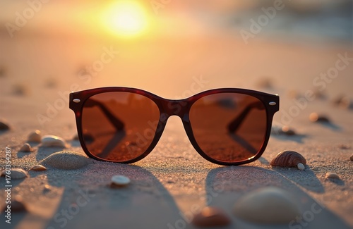 Wallpaper Mural Sunglasses rest on sandy beach shore near seashells. Warm sun sets over ocean, casting long shadows. Enjoying coastal vacation with stylish eyewear protection. Torontodigital.ca