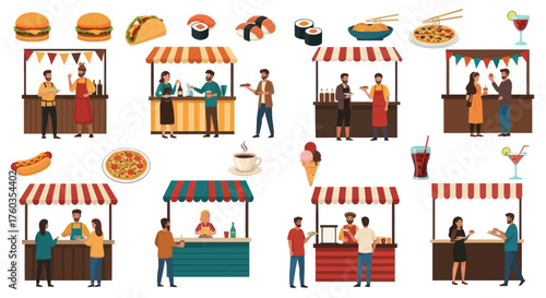 Diverse Food Stalls with People and Various Food Items at an Outdoor Market.