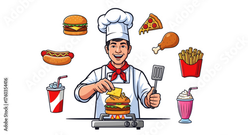 Cheerful Chef Preparing a Delicious Hamburger with Fast Food Items.