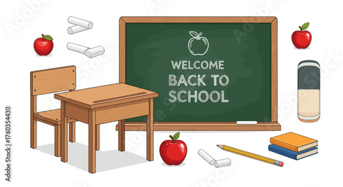 Welcome Back to School Classroom Scene with Desk Chair and Chalkboard.
