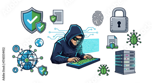 Hacker in Black Hoodie and Mask Working on Computer.