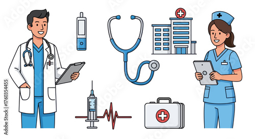 Cartoon Medical Professionals Hospital Building and Essential Healthcare Tools Collection.