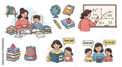 A collection of hand-drawn illustrations depicting education homeschooling and school life with teachers and students.