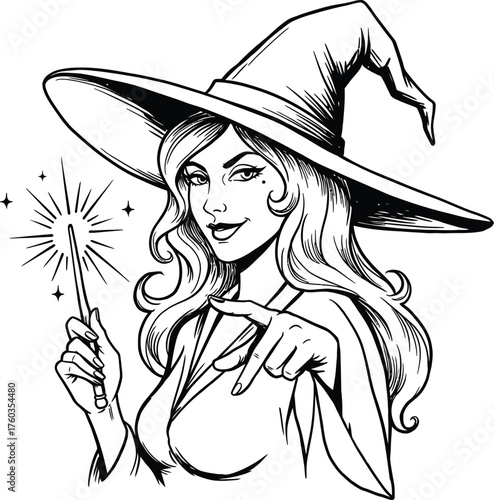 Enchanting and seductive young woman dressed as a powerful Halloween witch in a wide-brimmed hat, pointing forward and holding a brightly sparkling magic wand, vintage black and white vector.