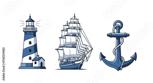 Nautical Collection: Lighthouse Sailing Ship and Anchor Illustration.