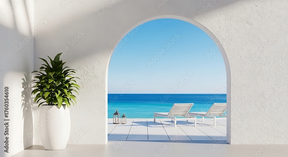 Fototapeta premium Archway view of a tranquil beach resort with two lounge chairs and a potted plant, evoking a sense of relaxation and vacation