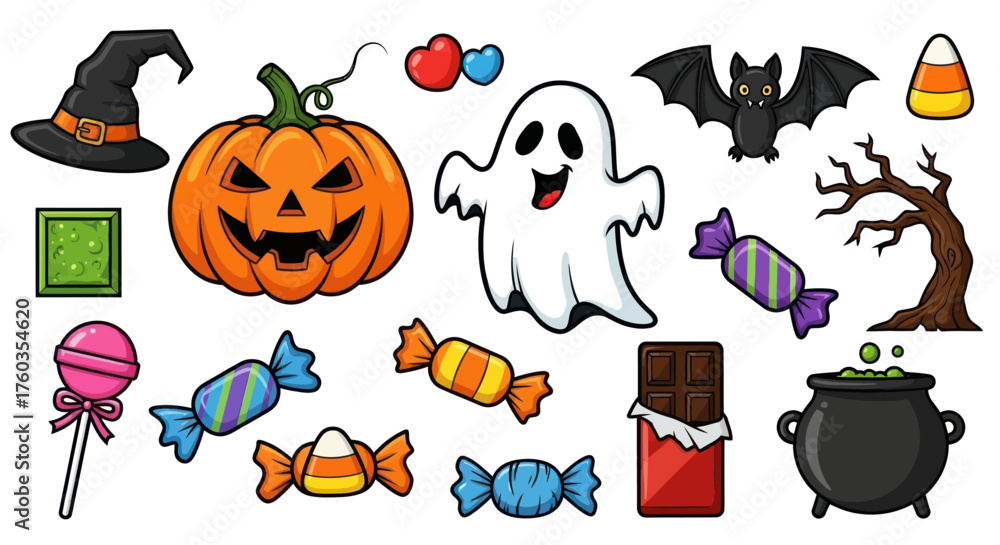 Naklejka premium Halloween Cartoon Collection: Pumpkin Ghost Bat Candy Witch Hat and More.