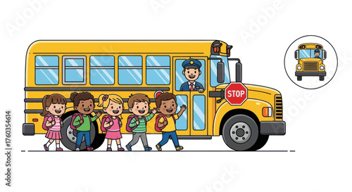 Cartoon School Bus with Children and Smiling Driver.