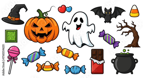 Halloween Cartoon Collection: Pumpkin Ghost Bat Candy Witch Hat and More.