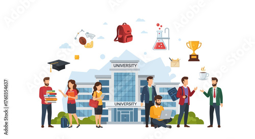 Diverse group of students and university building with educational icons.