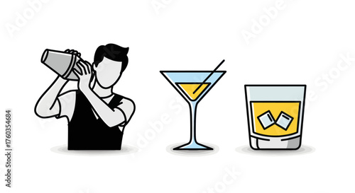 Bartender Shaking Cocktail with Martini and Whiskey Drinks.