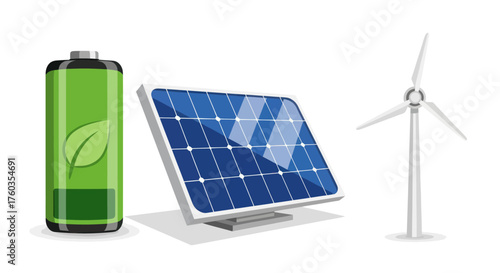 A collection of renewable energy sources including a green battery with a leaf icon a solar panel and a wind turbine.