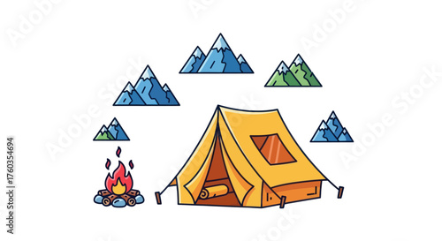 Cartoon Illustration of a Yellow Camping Tent with Mountains and Campfire.
