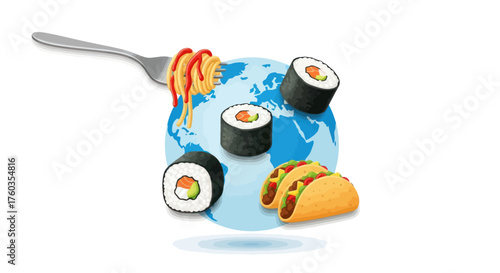International cuisine concept featuring a globe with spaghetti sushi and tacos representing world food.
