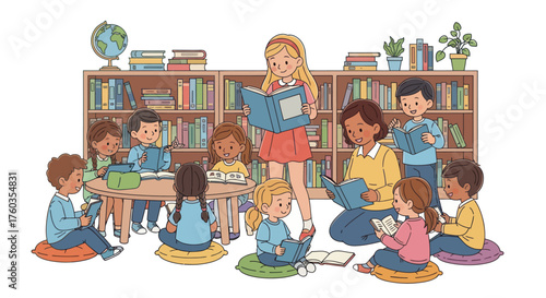 Teacher reading to children in a library setting surrounded by bookshelves and books.